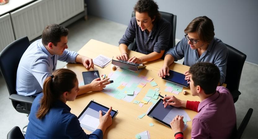 A diverse team collaborating in a creative space